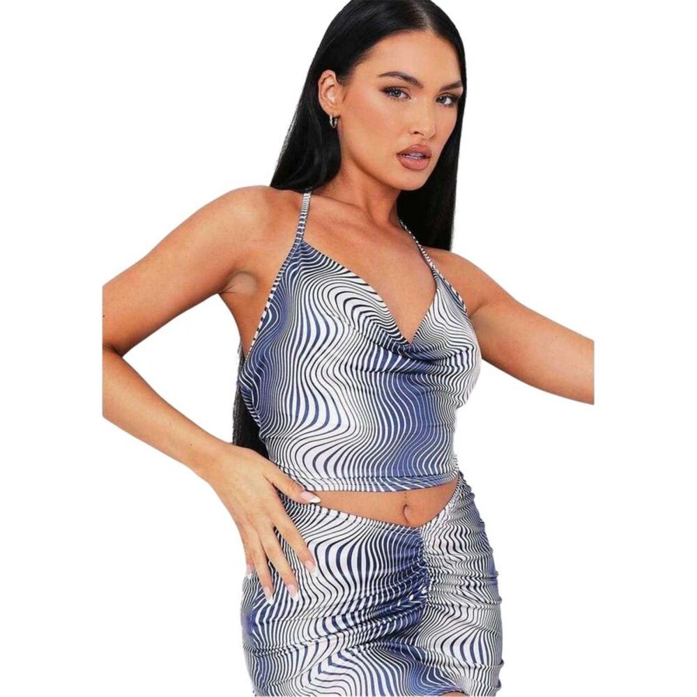 Missy Empire Womens/Ladies Swirl Print Cowl Neck Crop Top / Blue